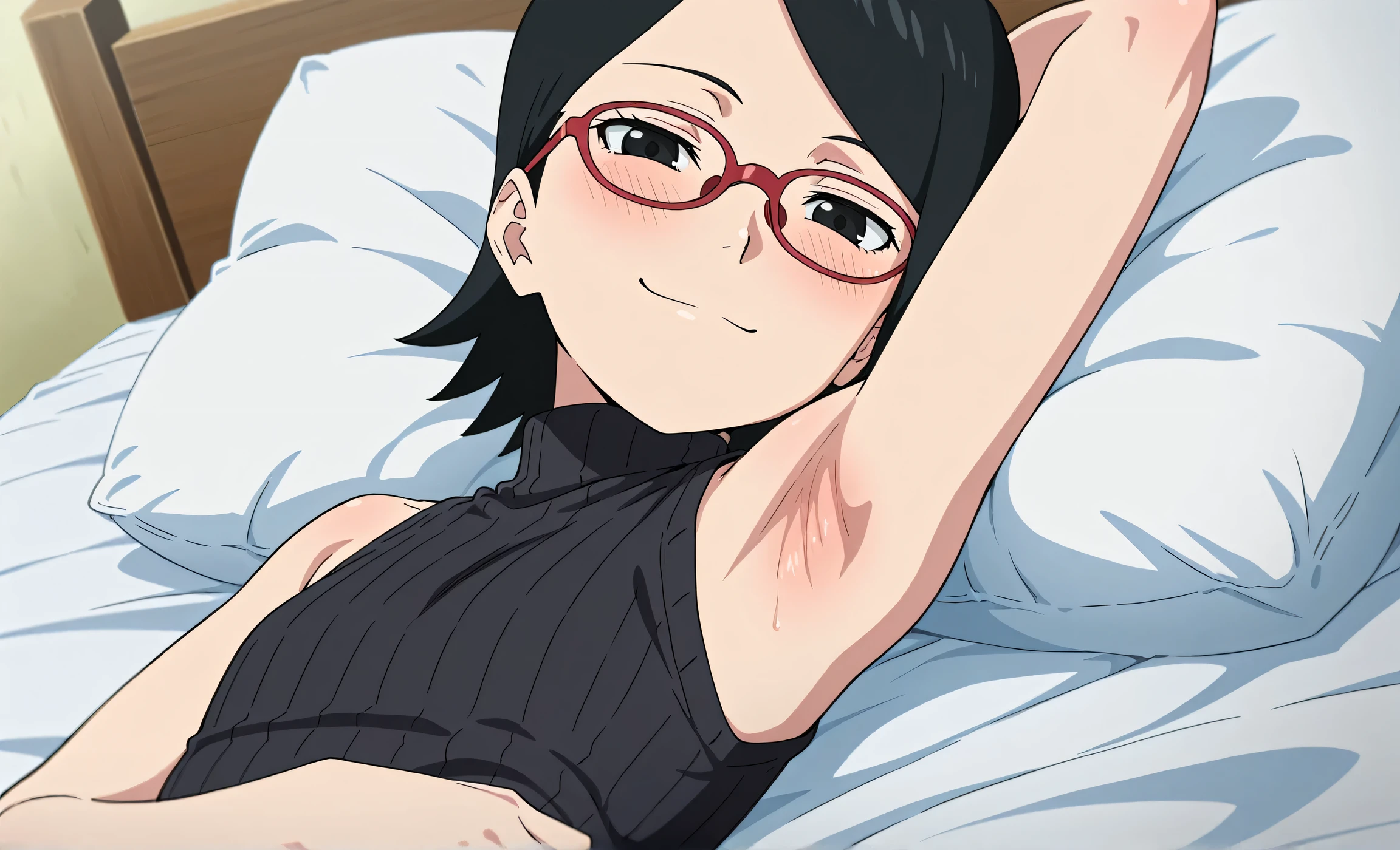 masterpiece, best quality, amazing quality, anime screencap, anime coloring, 1girl, solo, sarada, black eyes, black hair, short hair, glasses, black sweater, sleeveless sweater, ribbed sweater, turtleneck, flat chest, bare shoulders, bare arms, arm up, raised arm, armpit, armpit focus, head towards viewer, looking at viewer, direct eye contact, smile, smug, half-closed eyes, blush, closed mouth, lying in bed, from side, from above, pillow