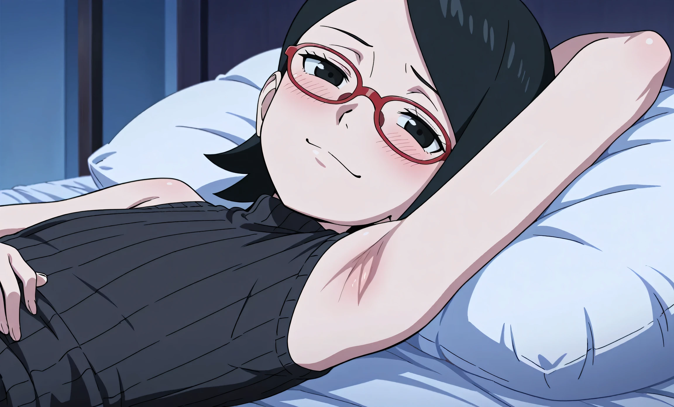 masterpiece, best quality, amazing quality, anime screencap, anime coloring, 1girl, solo, sarada, black eyes, black hair, short hair, glasses, black sweater, sleeveless sweater, ribbed sweater, turtleneck, flat chest, bare shoulders, bare arms, arm behind head, armpit, armpit focus, head towards viewer, looking at viewer, direct eye contact, smile, smug, half-closed eyes, blush, closed mouth, lying in bed, from side, sideview, pillow 