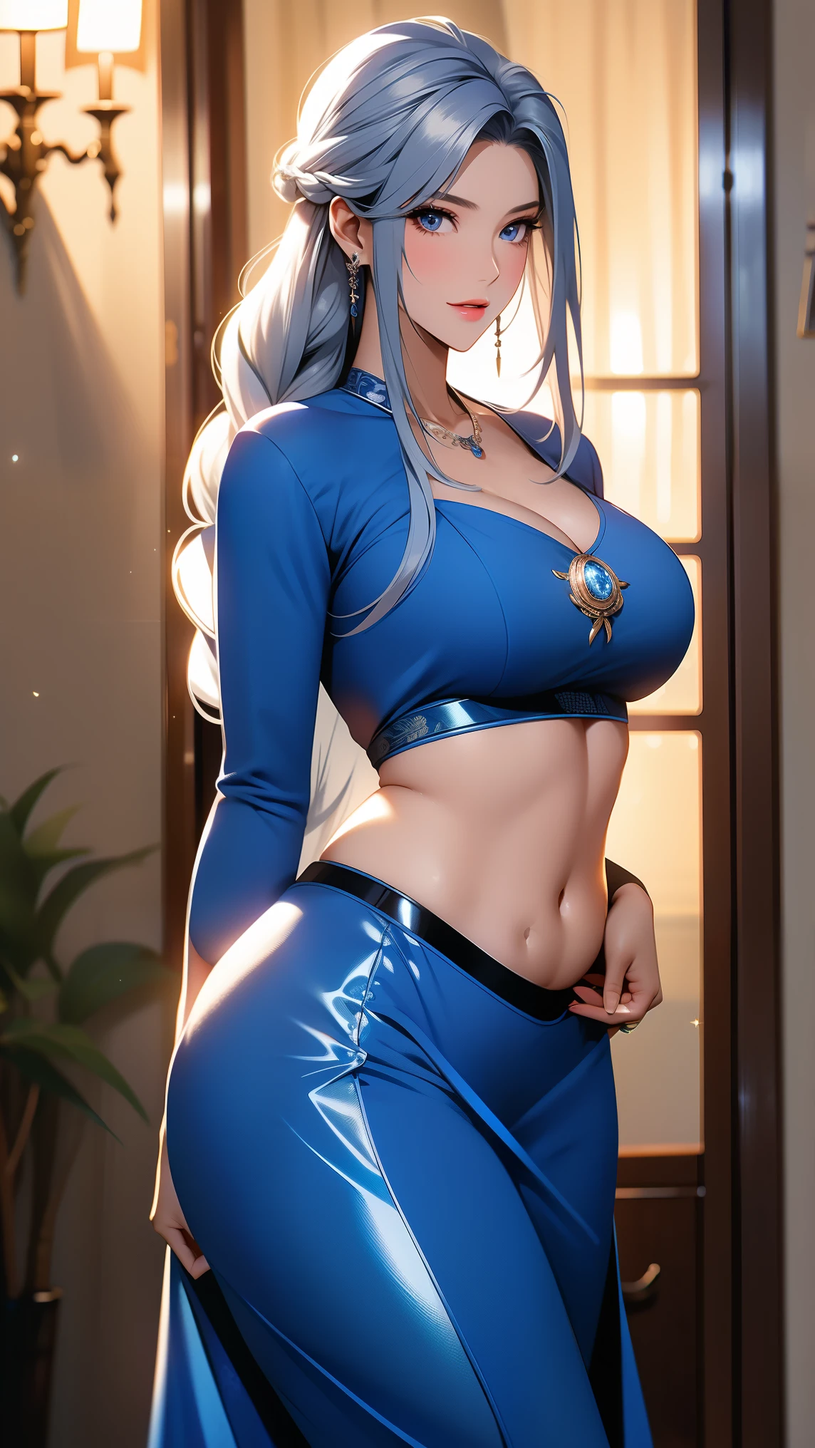 DLDL water ice tray, 1 girl, alone, blue hair, blue eyes,skirt,Single thigh high,thigh strap,long sleeves,Clothes tailoring, Capulet, Gloves, looking at the audience, city View, night, sensual female, hands on hips, Big breasts,big breasts,Show breasts,exposing her chest