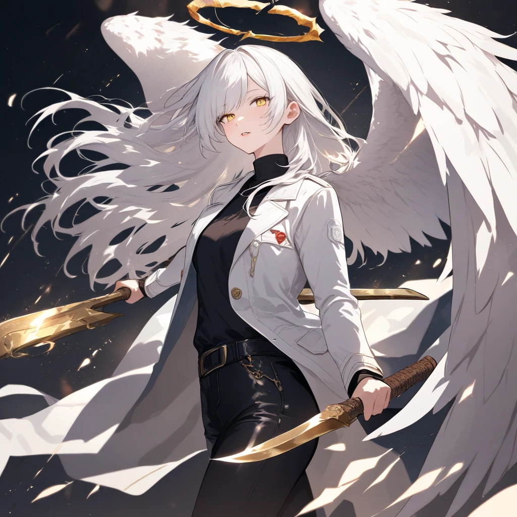 White hair, silky hair, vocalist, angel wings growing from his back, microphone in both hands, red eyes, white military uniform, facing forward