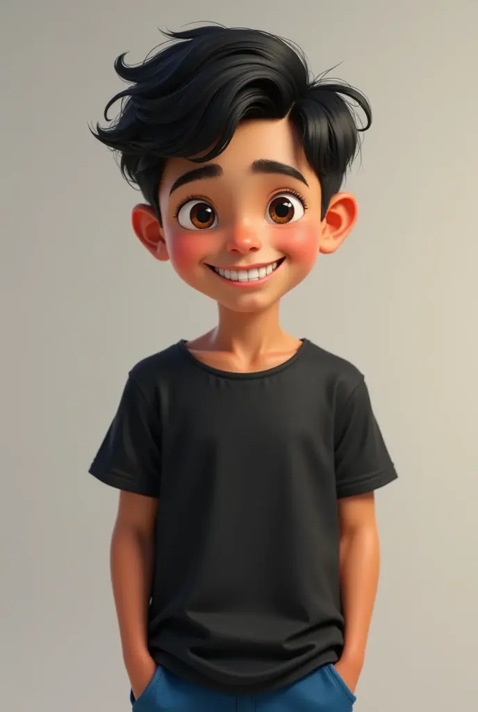 Boy named Paulo Moreno, wavy black hair, low-cut hair, thin, medium nose, medium lips, brown eyes, white teeth with four black t-shirt and blue shorts, 8k
