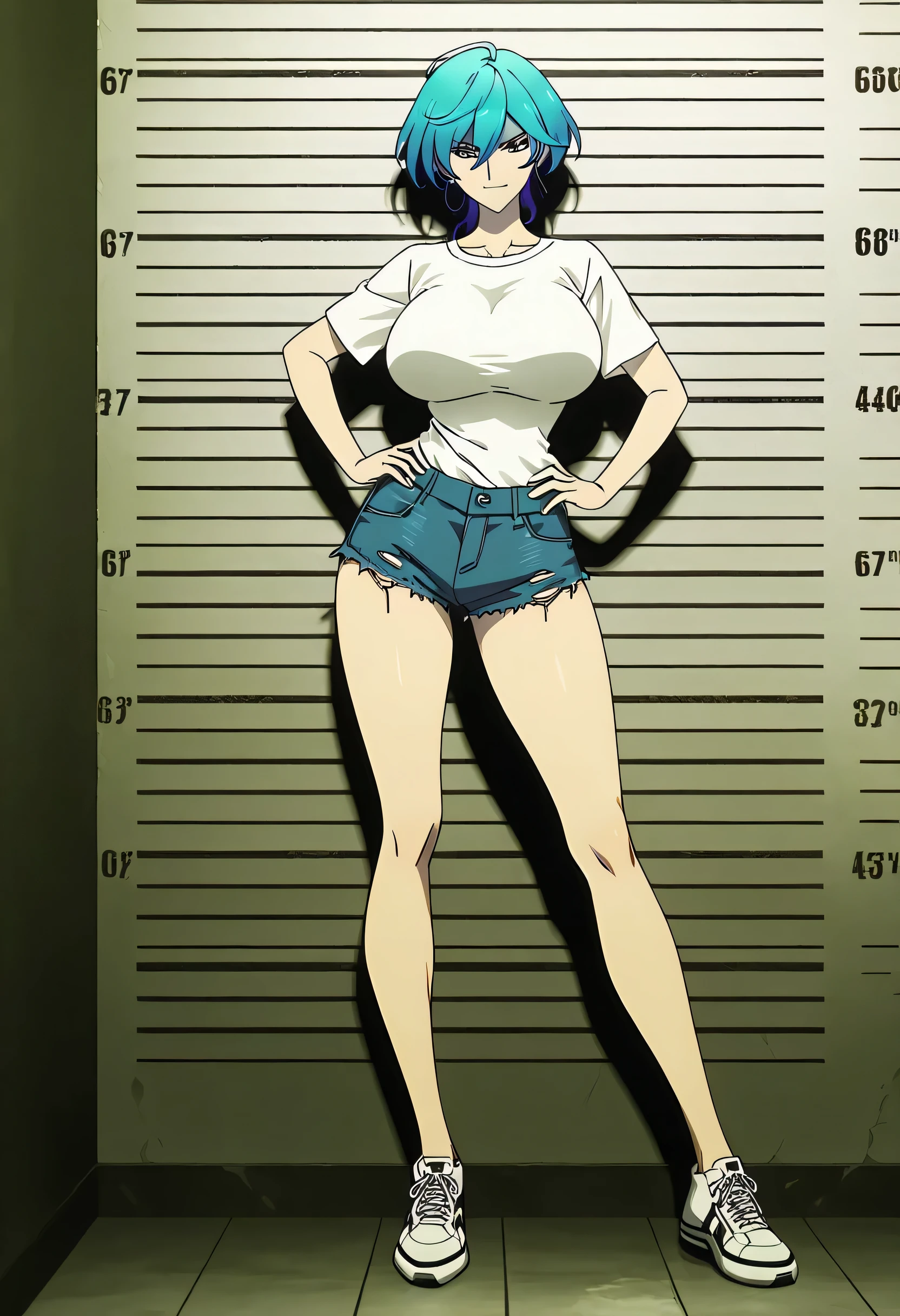 Isemi Tina , Blue hair, big breasts , white Tight T Shirt , denim shorts , sly face , hand on hip , Long legs , casual stance , sneakers , mugshot room