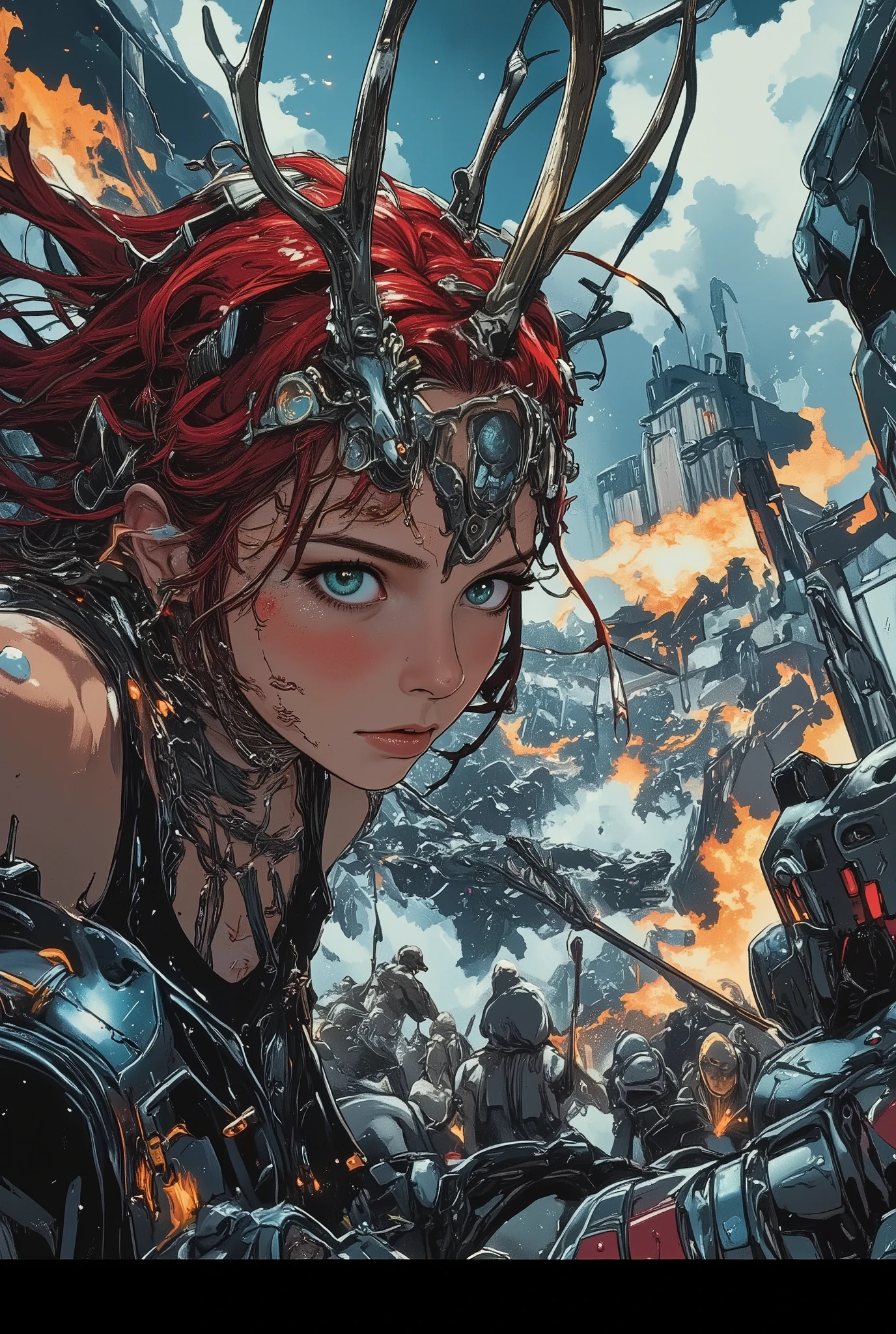 ArcaneFGTNR, Sci-fi mech, neon brushstrokes, vibrant electric tones, glowing patterns, futuristic textures,
The Huntress, red hair flowing and antler headdress adorned, aiming her bow in a chaotic battlefield. She wears native American attire and her expression is one of intense focus. The battlefield is filled with clashing warriors and mythical beasts under a dramatic, stormy sky.,
in the style of hauntingly atmospheric dark fantasy, VHS, horror, 80's horror with vibrant colors
, radiant abstract, high-tech details, cybernetic brilliance, luminous fusion