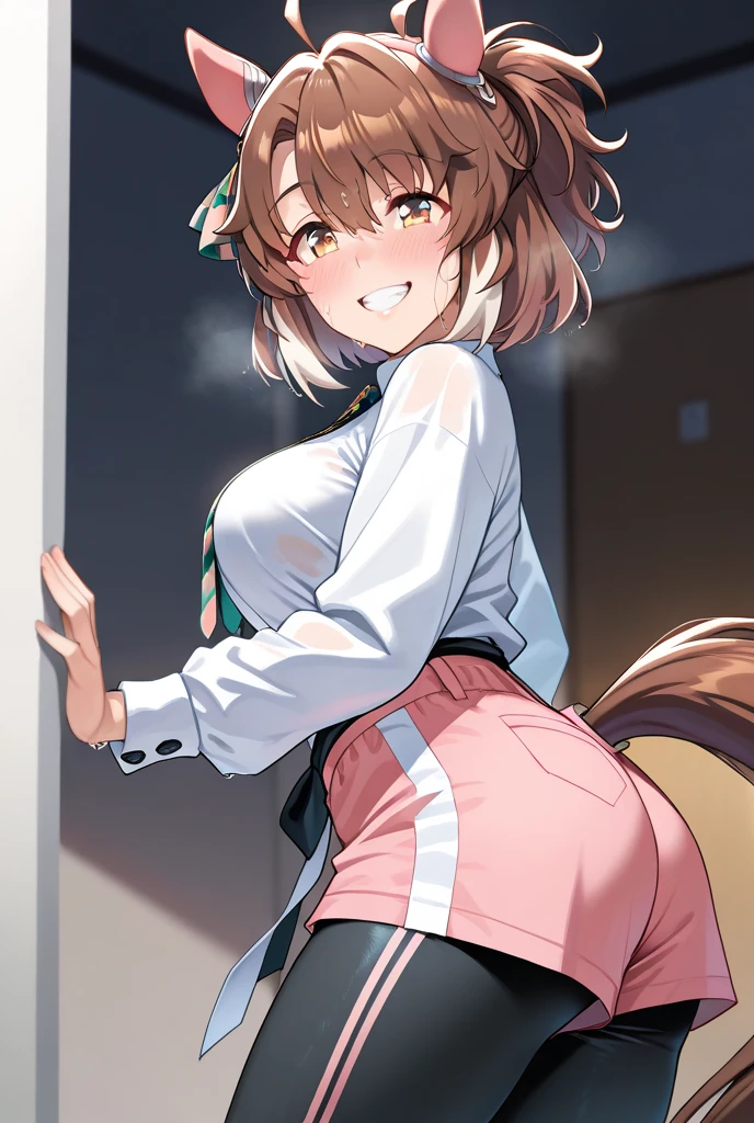 (masterpeace, high quality), mejiro ryan \(umamusume\, 1girl, school locker room, (Low-rise panties), white t-shirt, bottom, from behind, lean forward, bend over, (take off panties), (lower cleavege). low angle, soft light, bright