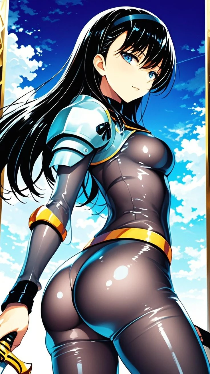 masterpiece, best quality, brown eyes, looking at viewer, solo, small breast, upper body, (swimsuit), beach, outdoor, , smile, close_mouth, ((crossed legs)), ((standing)), lens flare abuse, one piece suit, body suit, shiny clothes, thicc, onegirl, 1girl, mangwa girl, white swimsuit, pantihose, ass pose, botty pose, back pose, nice ass, latex