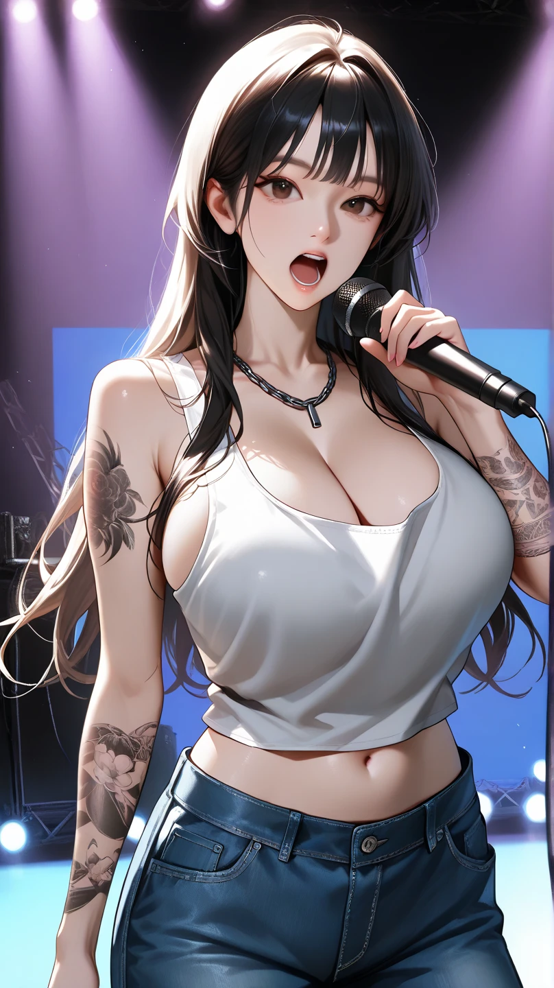 Best quality, tmasterpiece, Tifa Lockhart,cabelos preto e longos,Gilet blanc,black harness,Fist,1girl,solo,lips,open_mouth,microphone,tongue,tongue_out