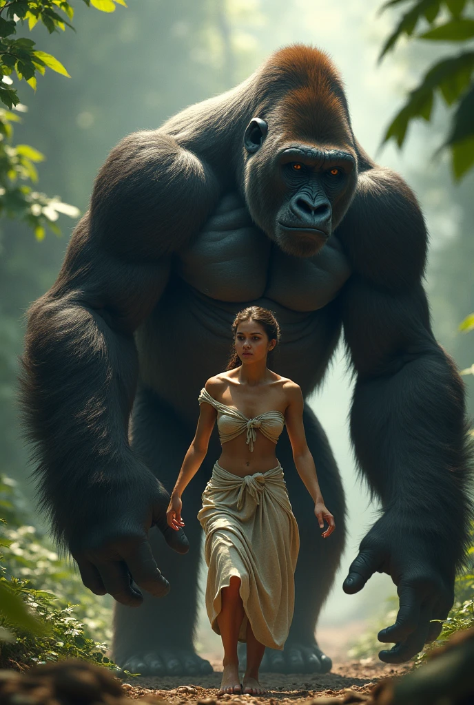 A highly realistic panoramic sunlight image of Tarzan fighting with an gorilla in the water. Jane looks on anxiously with a spear in her hand to come to the rescue., Both are half-naked dressed in the short loincloth of a primeval man, both standing dripping with water in the crashing waters of a very high waterfall half surrounded by big jungle trees in 70000000 BC, HD photography, ultra-realistic, King Tut, 4k, hyper-realistic, sharp texture, color.Her face with glistening water droplets is illuminated by the sun. She stands upright in the running water of the river, a perfect face model, Arabella mist-splitter, perfect face), beautiful lips:5 stylish, beautiful female face, attractive female face!!!, beautiful feminine face, beautiful makeup, perfect face! all wet on a rainy night, scared look, eerie, creepy, dark ambient, cinematic lights, ultra sharp focus, bird's eye view, high view, looking at the camera, raindrops.