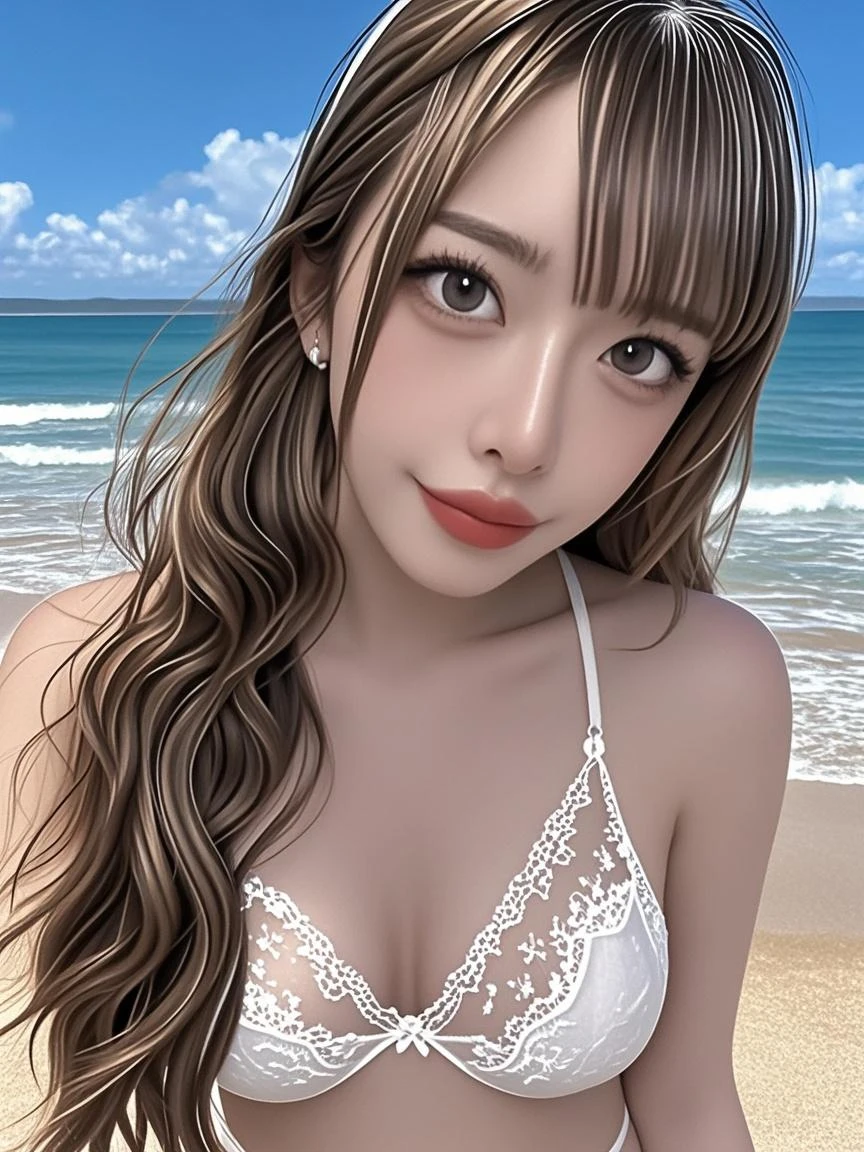 Very detailed, beautiful, highest quality, Professionally taken photos, Like a poster, detailed beautiful round eyes, beautiful detailed face, Whole Body Ezbian, Medium Long Hair, Casual Hairstyles, (Random color hair, Golden mesh), Big eyes, Random color eyes, Long eyelashes, Thick mascara, Dark eyeliner, (Huge breasts), (Bust about to burst:1.25), Wide selection, Thick waist), (Wide Hips:1.25, Toned thighs, Body Curves), 40 years old, woman, (White highleg bikini swimwear, white), (Short tight dress, Mini thght dress), Perfect Face, Perfect body, Sexy pose, (A shy smile), Random Location, nature, (alone), The light on my face,