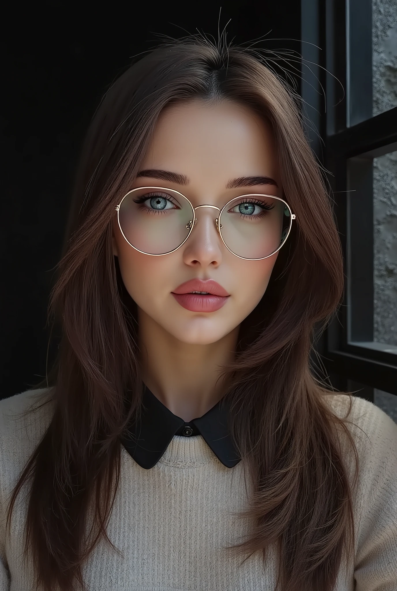 arafed woman wearing a collared satin blouse under a crewneck sweater, warm smile, gorgeous eyes, glasses