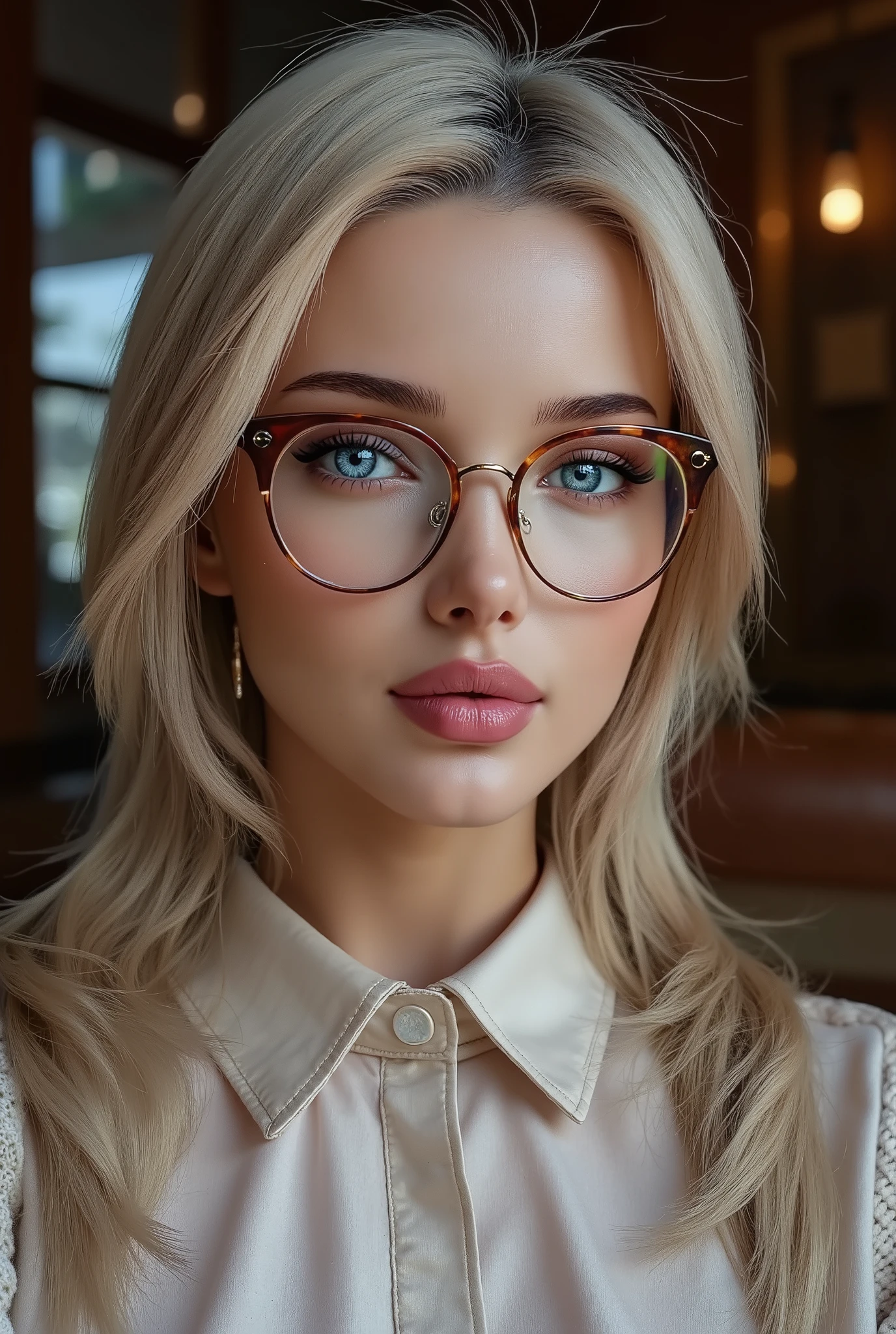 arafed woman wearing a collared satin blouse under a crewneck sweater, warm smile, gorgeous eyes, glasses