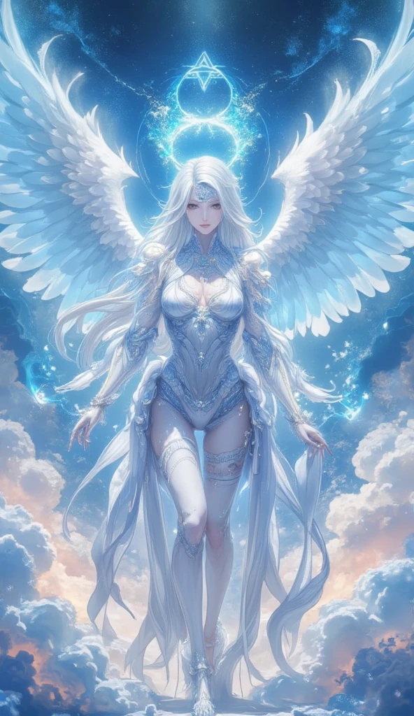 Design a mystical and serene cover featuring a guardian angel with soft glowing wings, surrounded by ethereal light. Include elements like clouds and stars to enhance the celestial theme. The title 'Guardian Angels AUDIOBOOK' should be prominently displayed in an elegant, readable font, with a calming color palette of blues and whites."