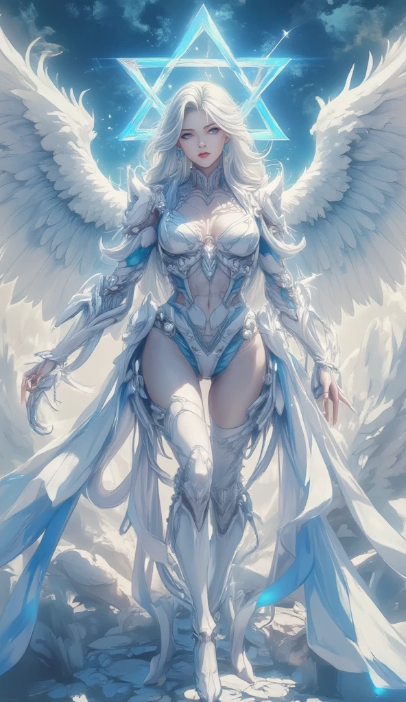8K,White wings on the back,Arafe poses in front of a mountain wearing a white and gold exterior., small breasts(Like the real thing)personification of the white firebird,Golden eyes,real looking skin,A sexy,artgerm julie bell beeple, very detailed Artgerm, angel knight girl, Alexandra Fomina Artstation, ig model | ArtGerm, fanart best artstation, as seen on artgerm, full - body majestic angel, mystical valkyrie,超A high resolution,A hyper-realistic,enticing,Look at viewers,personification of white phoenix,wings folded on the back,Emits an intense white aura from the body(Strong white aura effect)