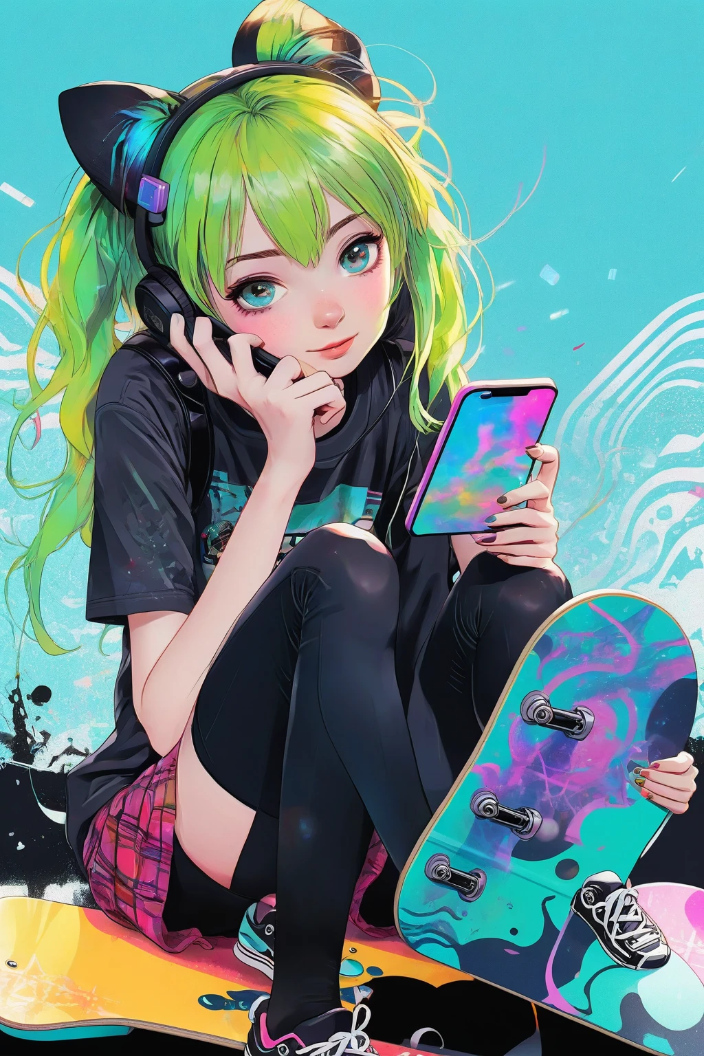 1girl,xingzhuang, <lora:xingzhuang:0.8>,long hair, pink headwear, shirt, holding, jacket, socks, shoes, hat, hair ornament, sitting, long sleeves, white shirt, blue hair, bangs, multicolored hair, nail polish, looking at viewer, shorts, phone, twintails, choker, white footwear, blue nails, very long hair, piercing, pink eyes, black shorts, pink jacket, ear piercing, bandaid, braid, open clothes, bow, pink hair, open jacket, hairclip, holding phone, off shoulder, sleeves past wrists, cellphone, sneakers, short shorts, twitter username, collarbone, streaked hair, pink nails, full body