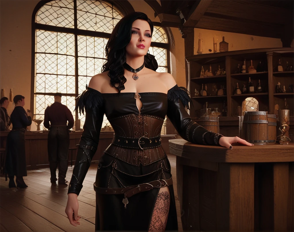 Morrigan from Dragon Age, Morrigan in a Victorian dress with a blue neckline, fluffy dress, stands in a medieval royal castle near a table with food and wine, 3D art detailed, Realistic fantasy, hiquality, hight resolution