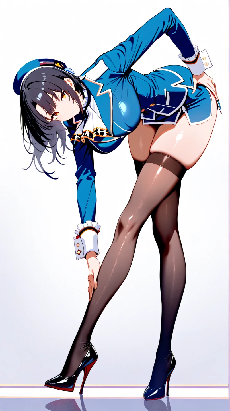 highest quality、High resolution、 masterpiece、8k, (Proper body)Maid、girl,(Black Hair),(Bobcut), (pantyhose), bed, Big smile,cute, ((Feet close-up)), lie、(Spread your legs)、(Wide Shot), Frills, (belly button), High Leg