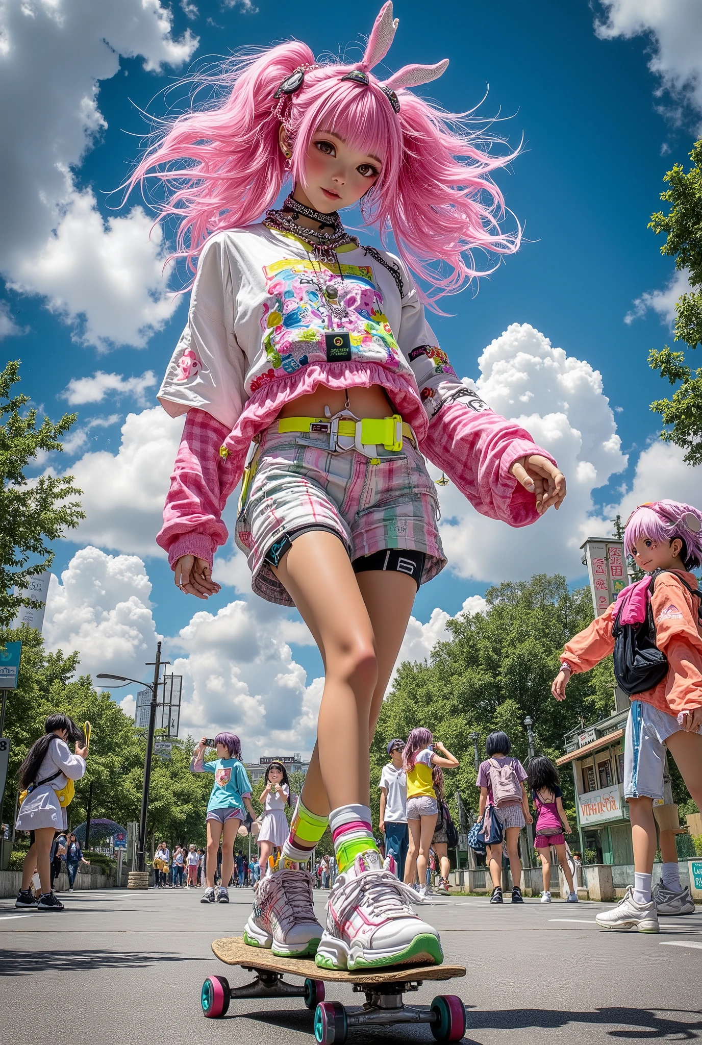 A very cheerful and kawaii Japanese age girl (13-) in a bright Harajuku style is having fun skateboarding in a summer park. Her image is bold and fashionable: pink or multicolored dreadlocks/ponytails, neon accessories (large clips, bracelets, chains), oversized T-shirt with anime print, plaid miniskirt or baggy pants, high-top sneakers with bright laces. The skateboard is painted in the kawaii style (rainbows, hearts, anime characters). The background is a sunny Japanese park: cherry trees, green grass, blue sky with fluffy clouds. In the background are friends in the same style, photographing her on their phones, or street food corners with taiyaki (waffle fish). The movement is dynamic: the girl is smiling, her hair is flying, the wheels of the skate are slightly blurred (speed effect). Style: anime realism or semi-realism with saturated colors (neon, pastel), emphasis on details of clothes and an atmosphere of carefree fun. Light glare and a glitch art effect are possible for a modern vibe.