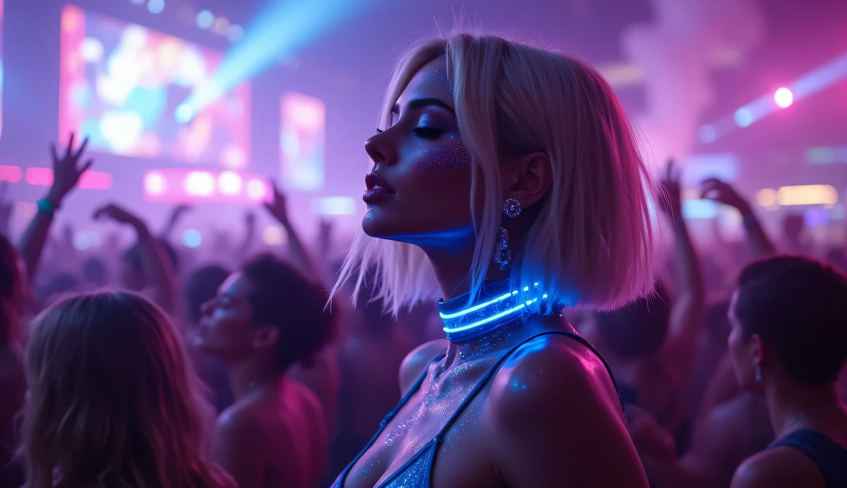 BEAUTIFUL Cinematic close-up of a blonde woman with SHORT STRAIGHT hair WITH DIAMOND EARRINGS AND GLITTER AND GLITTER FACE PAINT wearing a BLUE rave top, BLUE LED choker, skin covered in glitter, standing near the speakers with her hair blowing in the wind, background full of people jumping, lasers and smoke around her, 8K, extreme detail, shallow depth of field!!!!!!