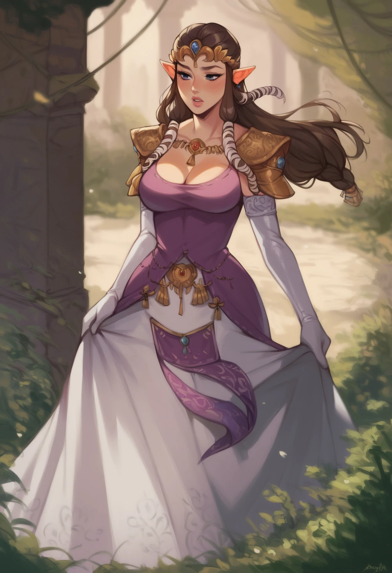 8K High Quality, High accuracy, princess zelda, Beautiful figure, Beautiful face, a small face, Mature build, muscular, Twilight Princess, Beautiful, Bright, highlight in eyes, small ears, Brown hair, Very big breasts, beautiful line art. Black bunny suit, Net tights on the legs, Glossy outfit, Painted from head to waist, Blue eyes, Smiling,