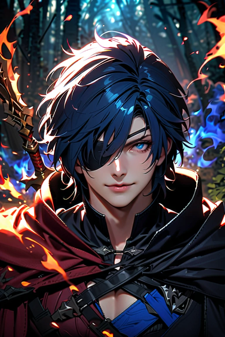 a boy Demi-demon with blue hair and red eyes and Vampire Feel how use fire magic