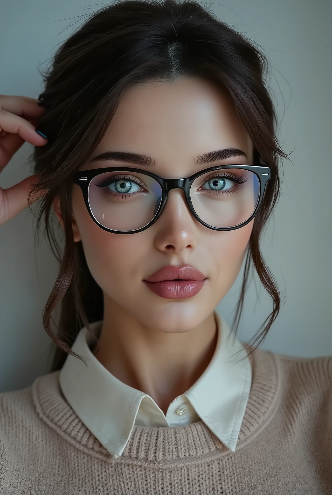 arafed woman wearing a collared satin blouse under a crewneck sweater, warm smile, gorgeous eyes, glasses