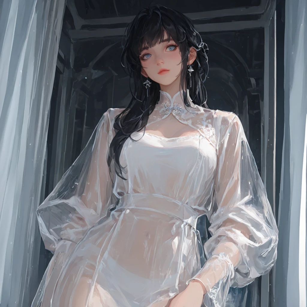 Crying, tears, white hair, delicate hairstyle, a girl wet from the rain, standing on the street, big breasts, open chest, long eyelashes, lip gloss, transparent white shirt, necklace, earrings, top quality, transparent black miniskirt, high resolution rate, 8K quality