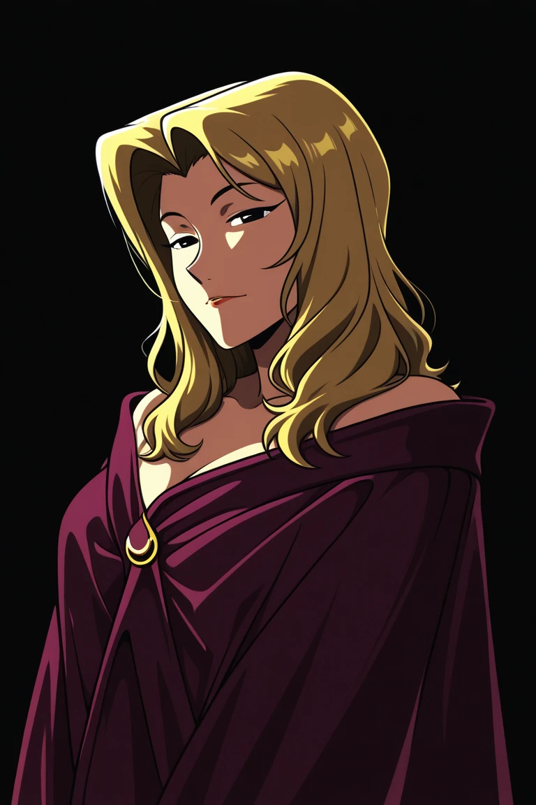 1girl, joviajovis, gray eyes, hair covering eye, standing, dress, cape, futuristic, arms behind back, relaxed, highly detailed