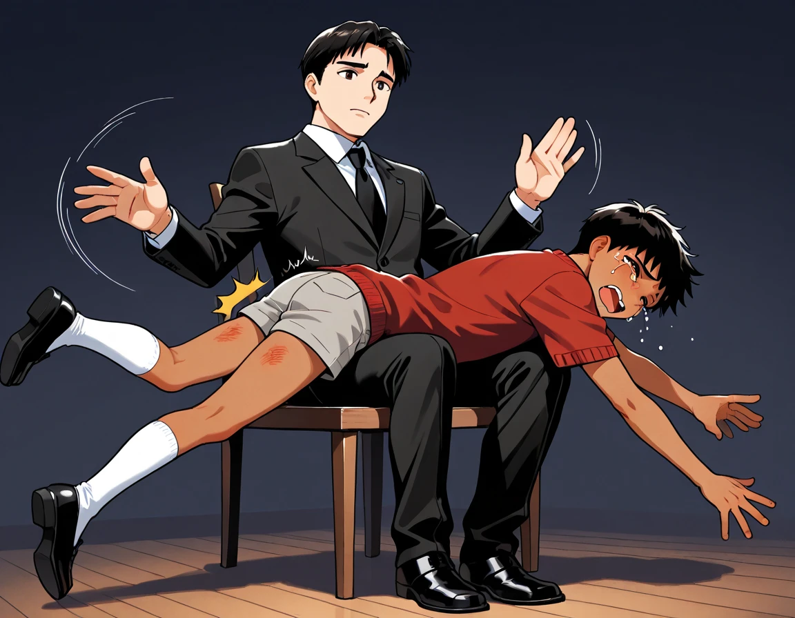 score_9, score_8_wonderful, score_7_wonderful, sauce_anime ,ensemble,Full sky,Male Focus,1 male,No pants,Auction,On all fours,Place your hands on the floor,penis,Leash color,View your audience,Squat,humiliation,Obedience,Blue tie,blazer,Black Hair