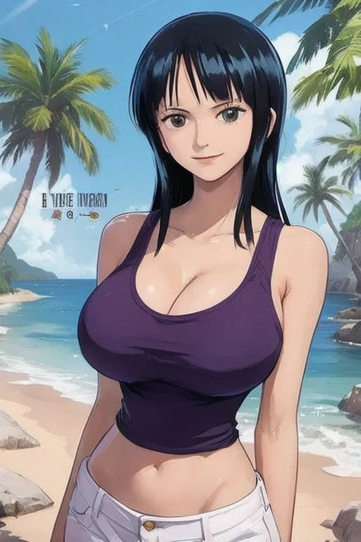 Blue eyes、Parted bangs、a smile、Anime girl in black swimsuit standing on the beach, oppai, Hinata Hyuga, Nico Robin, Swimsuit, oppai proportions, anime moe art style, in beach, Seductive Anime Girl, marin kitagawa fanart, Nezuko, in beach, wearing a swimming wear, in beach, nezuko-chan, with large breasts