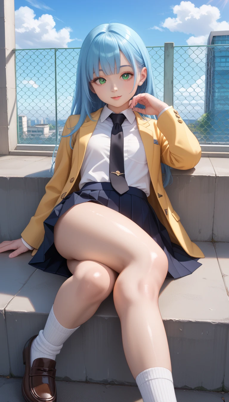 Transparent hair、hime-cut、Golden Eyes、eye glasses、ssmile、Early teens girl、Smaller chest、Thin pubic hair、open transparent robe、Opening legs、On the roof of a building