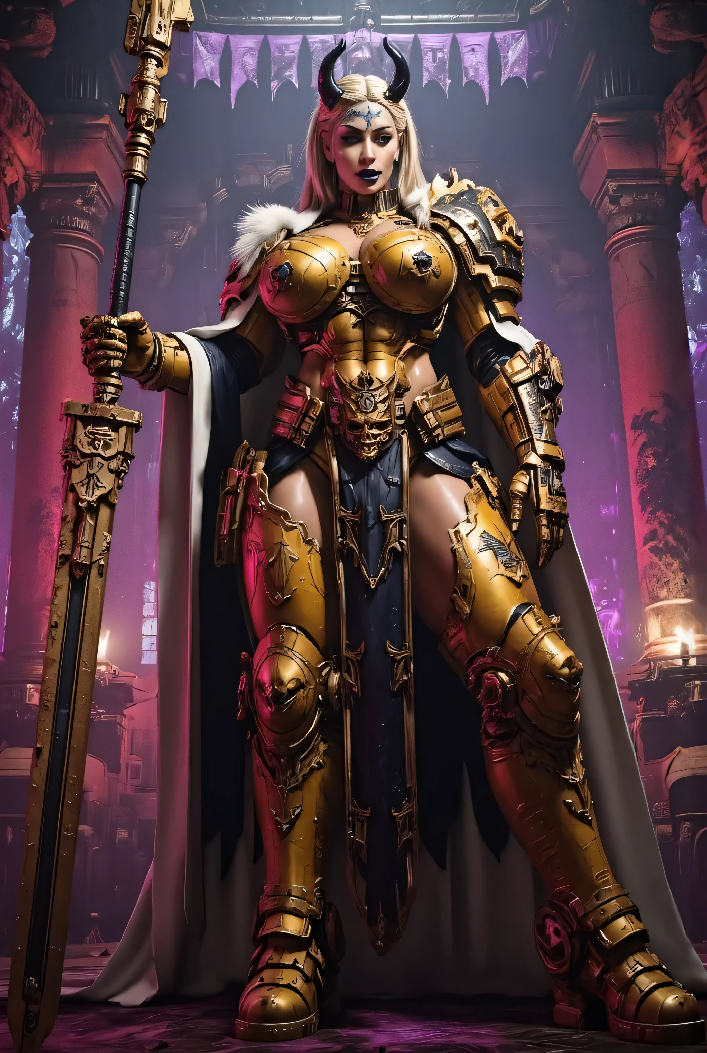 ((best quality)), (Masterpeace, high quality, high resolution, realistic photo, photography, detailed), 1 japanese pornstar women fighter gangster, age from 30 to 36 years old, pornstar Xo Gisele succub, 8k_wallpaper, extremely detailed eyes, (large masterpiece digital art), (intricate details:1.3 ), (ultra-detailed:1.3), (sharp focus:1.3), (natural lighting:1.05), (vivid colors:1.3), (best quality:1.4), HDR, studio lightings, expressive eyes, full body shot, detailed face, beautiful face, impudent rude predatory and vulgar look with a predatory fanged smile, smiles predatorily with passion in the eyes, ((voluminous thick sandy blonde hair long dreads)), (korean light blue pink predatory makeup and dark gold Horns), {{wet bronze skin}}, ({wet bronze skinned female}), (big breasts 10), huge chest 10, (pelvis widens:2.4), big wide ass, powerful relief muscles of the abdomen and legs, powerful strong muscles of the arms, she is dressed in heavy steel nanothermal cyber sci-fi armor of dark red color, she is dressed in crystallized heavy closed armor of yellow color, she is dressed in heavy steel special closed armor in the form of a black techno dragon, She is dressed in an open white coat with fur and rolled up sleeves, Golden Techno Gloves, She stands at the cargo bay of a space bioengineered cruiser against the backdrop of bioengineered red houses and a forest with purple leaves, women cyber sci-fi heavy dark knight, ultra-realism, hyperrealism, cinematic, chinese style,