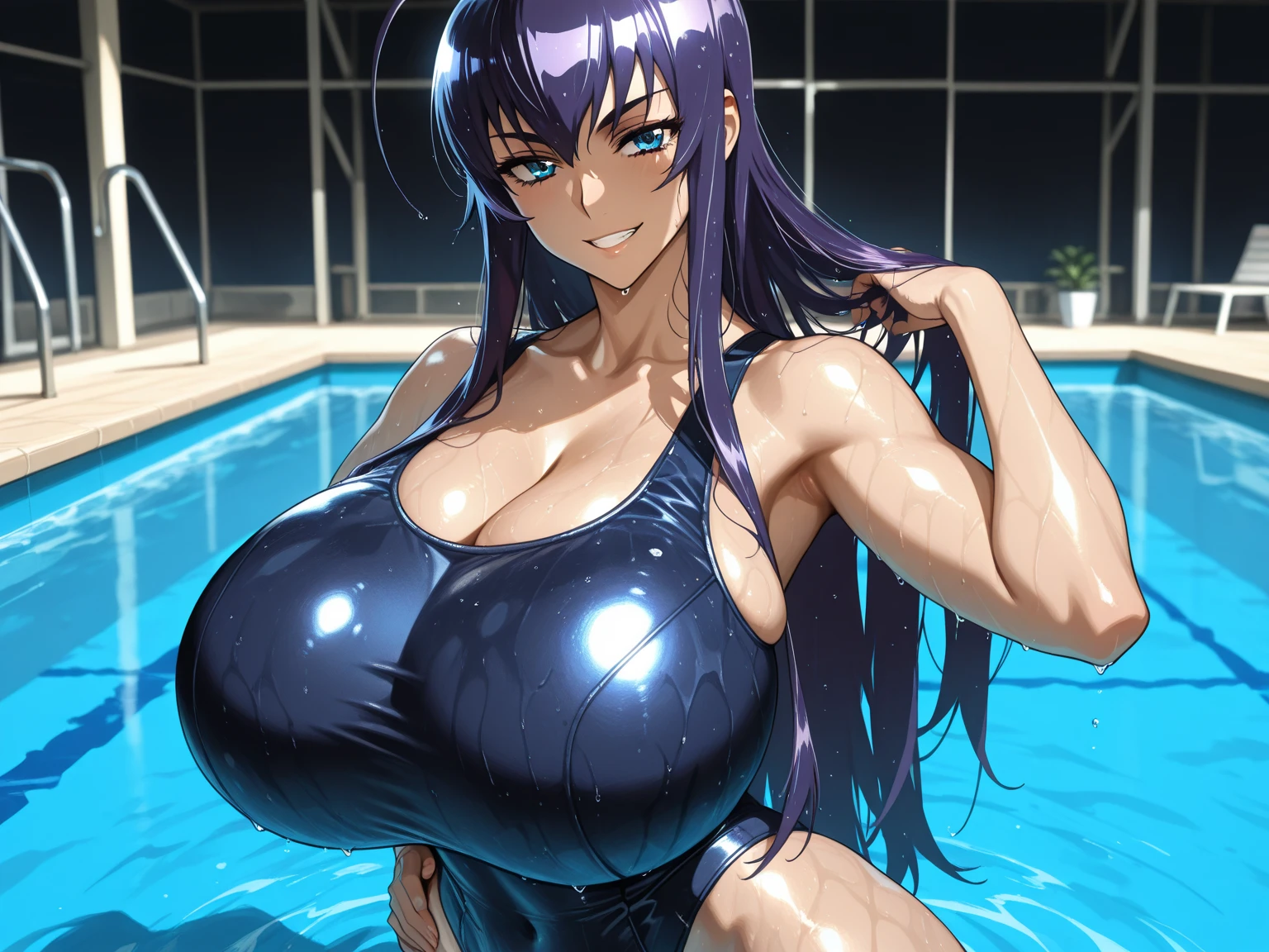 la blue girl, midou miko, gigantic breasts:1.3, curvy body, mammasize, woman ninja, purple long ponytail, A big pink ribbon on her head, smile, High-cut green leotard, Brown stockings, 1990's anime cels style,