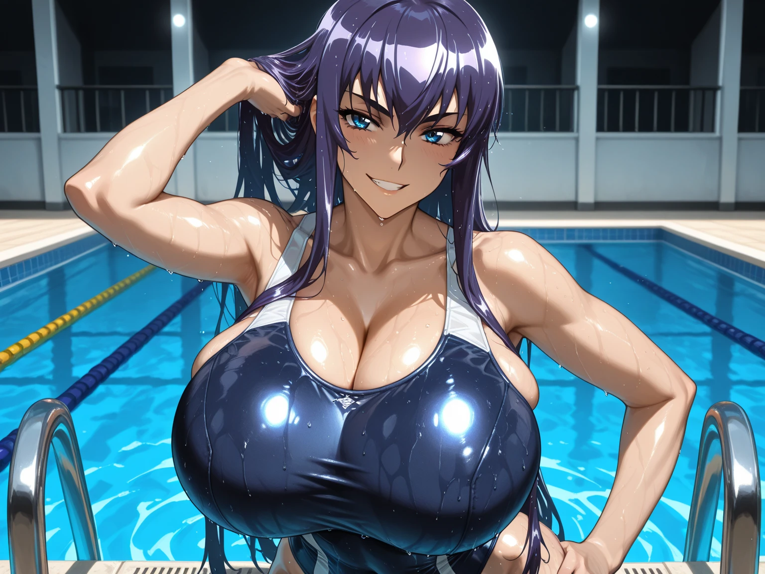 swimming suit, swimming pool outdoor background, kanu unchou, anime cels style, best quality, high resolution, 1girl, (huge breasts:1.2), beautiful face, pony tail hair, black hair, long hair, ((hair over one eye)), blue eye, cowboy shot, smiling