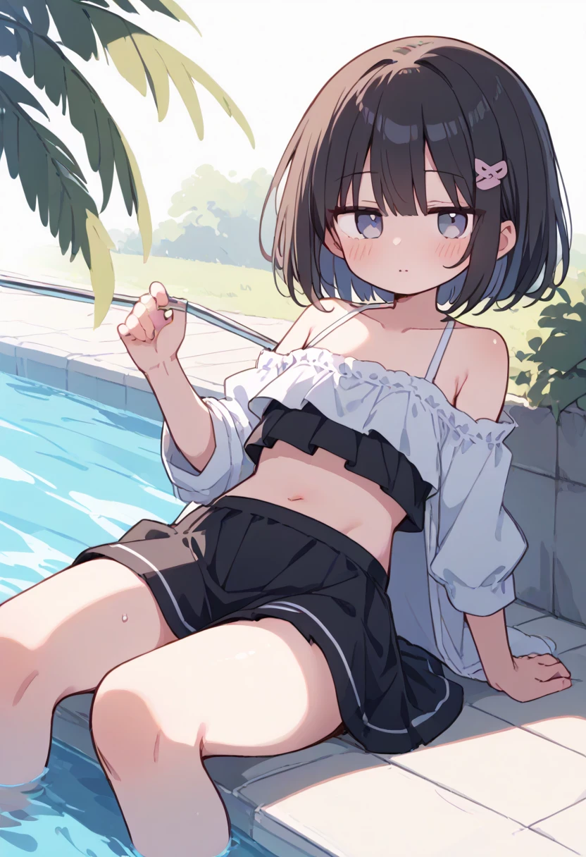 ((best quality)), anime, manga, 2girls, , 7 yetite, small breasts, slim, small hips, small ass, cute faces, blushing, kissing while kneeling in the river, hugging with eyes closed, bronze hair, pink hair, navy blue school swimmsuits, forest in the background, late afternoon