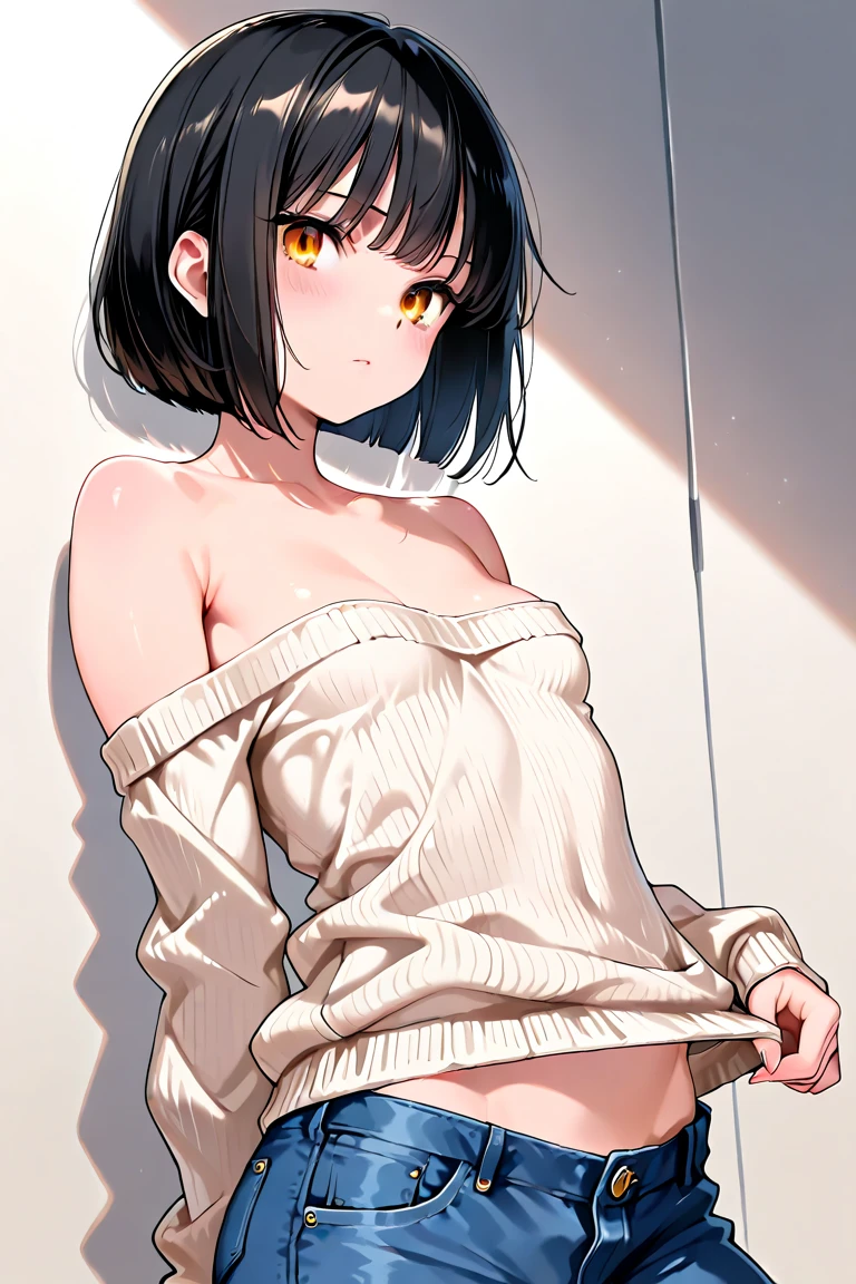 daylight, 8k details, high quality, young woman ((black top)) ((Nipples)) ((no panties)) ((pussy flows from excitement)) moans into the room