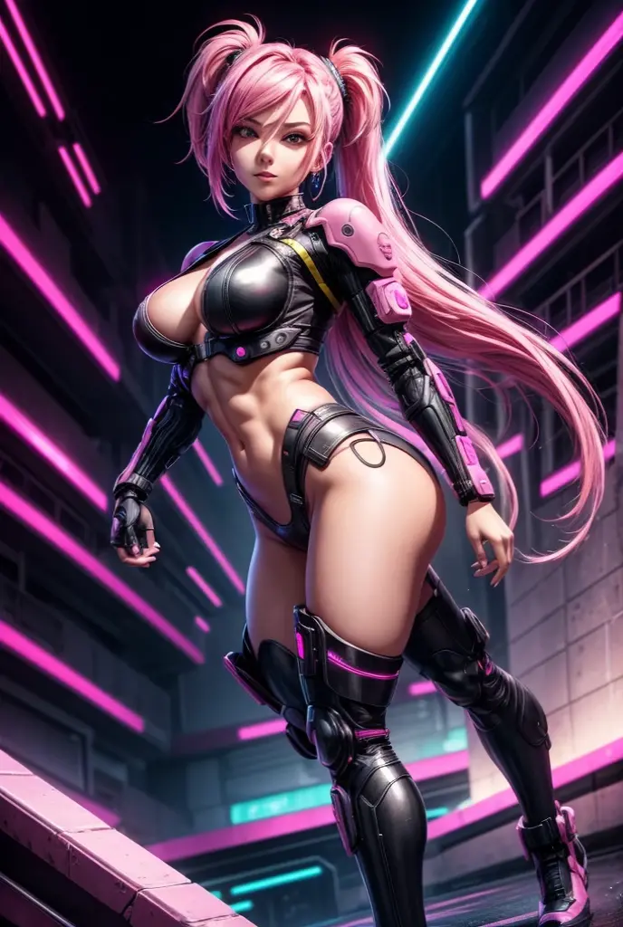 there is Cammy from Streetfighter standing, 3 d neon art of a womans body, neon-noir background, cyberpunk femme fatale, seductive cyberpunk dark fantasy, cyberpunk strip clubs, cyberpunk 20 y. o model girl, oppai cyberpunk, banner, high definition cgsociety, cgsociety masterpiece, trending on cgstation, kda, random hair, looking at camera, gigantic breasts, cleavage, (high detailed skin:1.2), 8k uhd, dslr, super lighting, high quality, film grain, high res, highly detailed, hyper realistic, beautiful face, beautiful body, beautiful eyes nose lips, alluring expression, very bold, upper boobs visible, full body photo, standing legs apart, pale translucent glowing skin, most beautiful face, cute, (well defined pubic hair:1.2)), (dark plain black background:1.4))