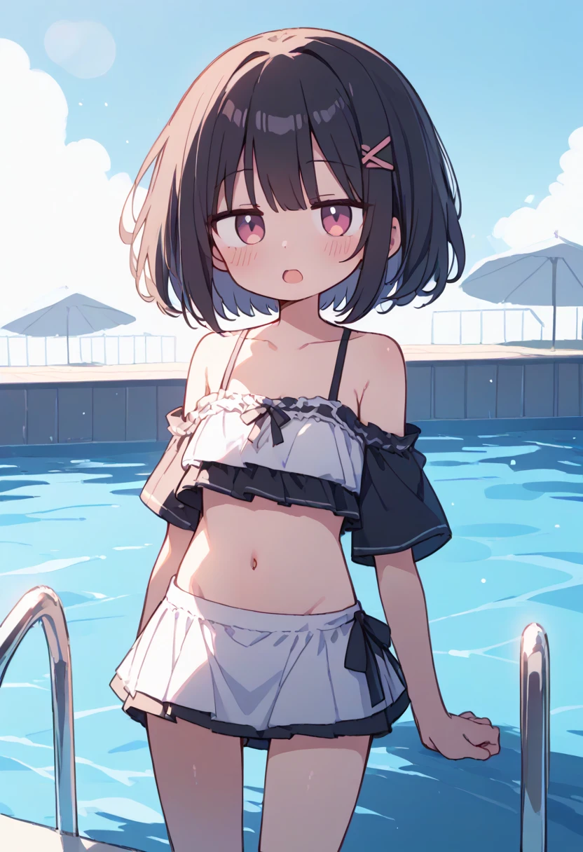 (masterpiece), best quality, (16k), expressive eyes, perfect face, teenage, 1 girl, solo, flat chest, navel, BREAK, ((wet black frilled bikini)), ((wet black layered mini skirt)), bare arms, bare legs, shiny skin, wet body, BREAK, brown hair, bob cut, wet hair, brown eyes, smile, BREAK, outdoors, in the pool water garden, wading, standing, (cowboy shot), ((from front)),