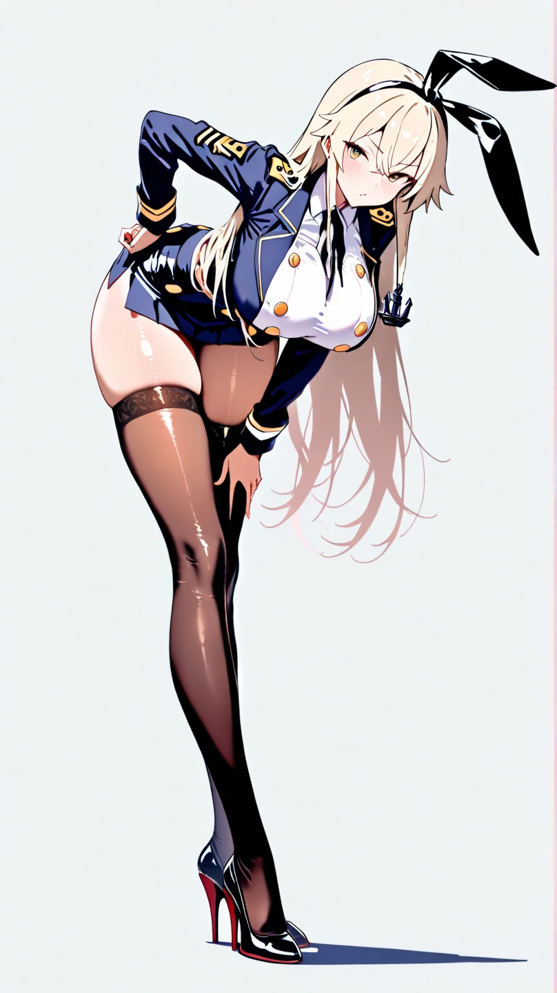 A woman，Long blond hair，Red eyes，Wear a black military cap，Wearing a black bikini，Long legs，Nipple protrusion，Twenties，exposed，Black high heels，Huge breasts，超级Huge breasts，Standing