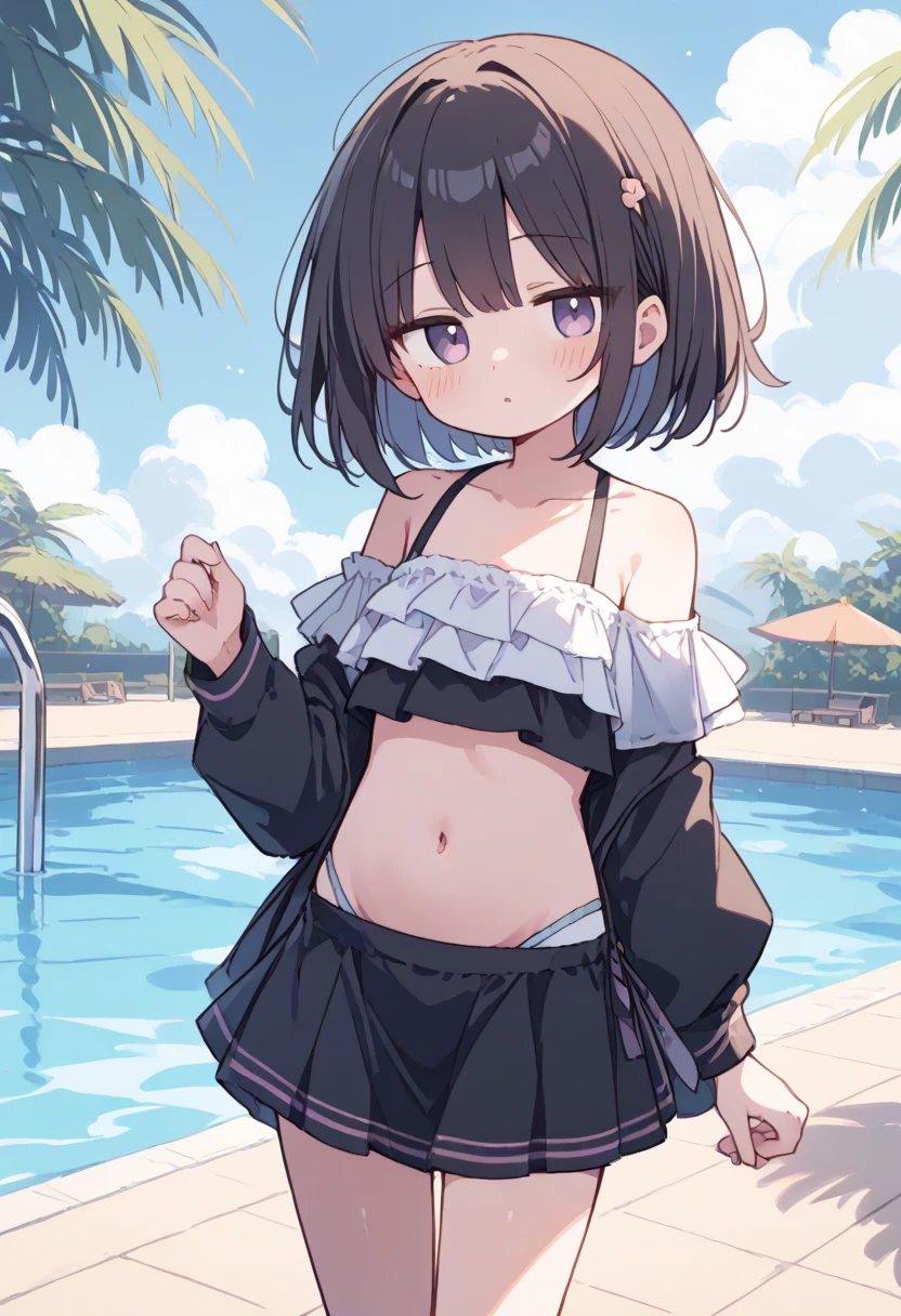(masterpiece), best quality, (16k), expressive eyes, perfect face, BREAK, office lady, 1 girl, solo, large breast, navel, BREAK, ((black frill bikini)), BERAK, ((black solid layered mini skirt)), BREAK, bare arms, bare legs, shiny skin, wet body, BREAK, black hair, very short hair, wet hair, black eyes, BREAK, outdoors, in the pool, wading, night sky, standing, sad, :o, (cowboy shot), (from front), BREAK,
