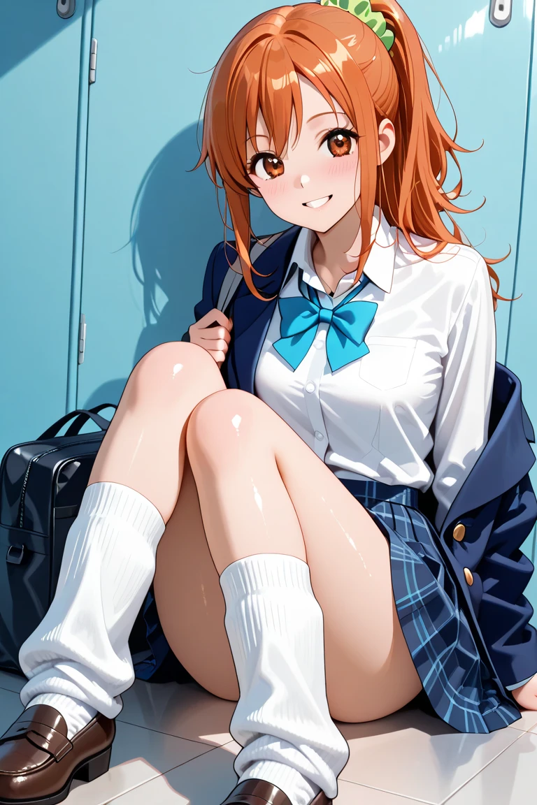 score_9, score_8_up, score_7_up, source anime, megami magazine, dynamic lighting, backlighting, rating safe, absurdity, 1girl, teenager, large breasts, standing, from below, pov, ceiling, beautiful detailed eyes, brown eyes, contemptuous, disdain, disgust, eye focus, looking down at viewer, orange hair, long hair, closed mouth, teeth, serafuku, long sleeves, pleated skirt, white thighhighs, loafer, covering chest by hand, panty, Stomping on viewer, sole, 