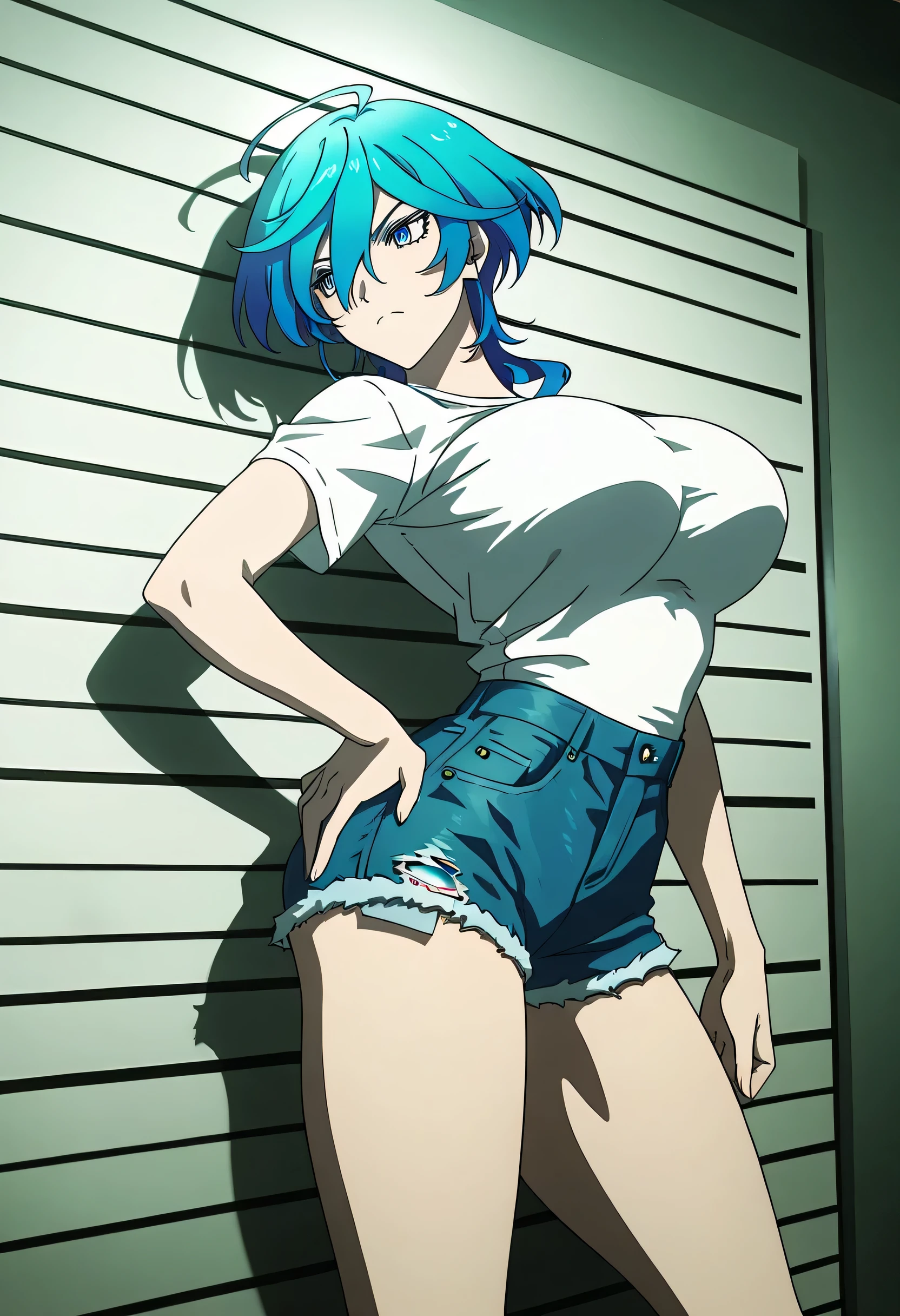 Isemi Tina , Blue hair, big breasts , white Tight T Shirt , denim shorts , hand on hip , arched back , casual stance , mugshot room
