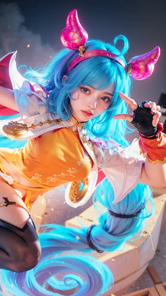 (8k, best quality, masterpiece:1.2), (realistic, photo-realistic:1.37), ultra-detailed, A detailed portrait of 1 girl 21 year old, fairy, fairy dress, stuffed bunny on head, beautiful girl, british girl, pale skin, perfect body, blue eyes, purple hair. The scene is illuminated with professional lighting, photon mapping, and radiosity, with Tetsuya Nomura Style. Blur bokeh effect, realistic light.