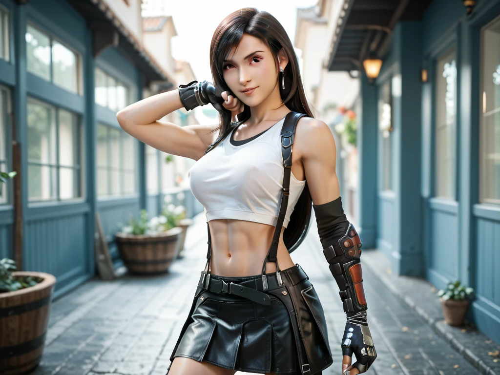 Tifa lockhart, Final fantasy (best quality,4k,8k,highres,masterpiece:1.2),ultra-detailed,(realistic,photorealistic,photo-realistic:1.37),illustration,fantasy,beautiful detailed eyes,beautiful detailed lips,extremely detailed eyes and face,long eyelashes,Tifa's stunning beauty,confident stance,flowing black hair,fierce and determined expression,captivating smile,impressive muscles and toned physique,fighting pose,unique punk-inspired attire,white tank top and leather suspenders,short black skirt and gloves,thigh-high boots with metal buckles,Tifa's signature oversized metal gauntlets,garden background with vibrant flowers and plants,sunlight filtering through the trees,soft and warm color palette,stunning lighting effects,highlighting Tifa's features,dynamic and energetic atmosphere,vivid colors and rich textures,attention to small details like Tifa's intricate jewelry and accessories,close-up shots showcasing Tifa's intense gaze and focused determination,emphasis on the amazing Level of detail in Tifa's face and clothing,realistic shadows and highlights,creating depth and dimension,combining both a realistic and artistic style,enriched with fantasy elements and magic effects,showcasing Tifa's combat skills and powerful punches,dynamic movement and action,creating a sense of excitement and adventure.