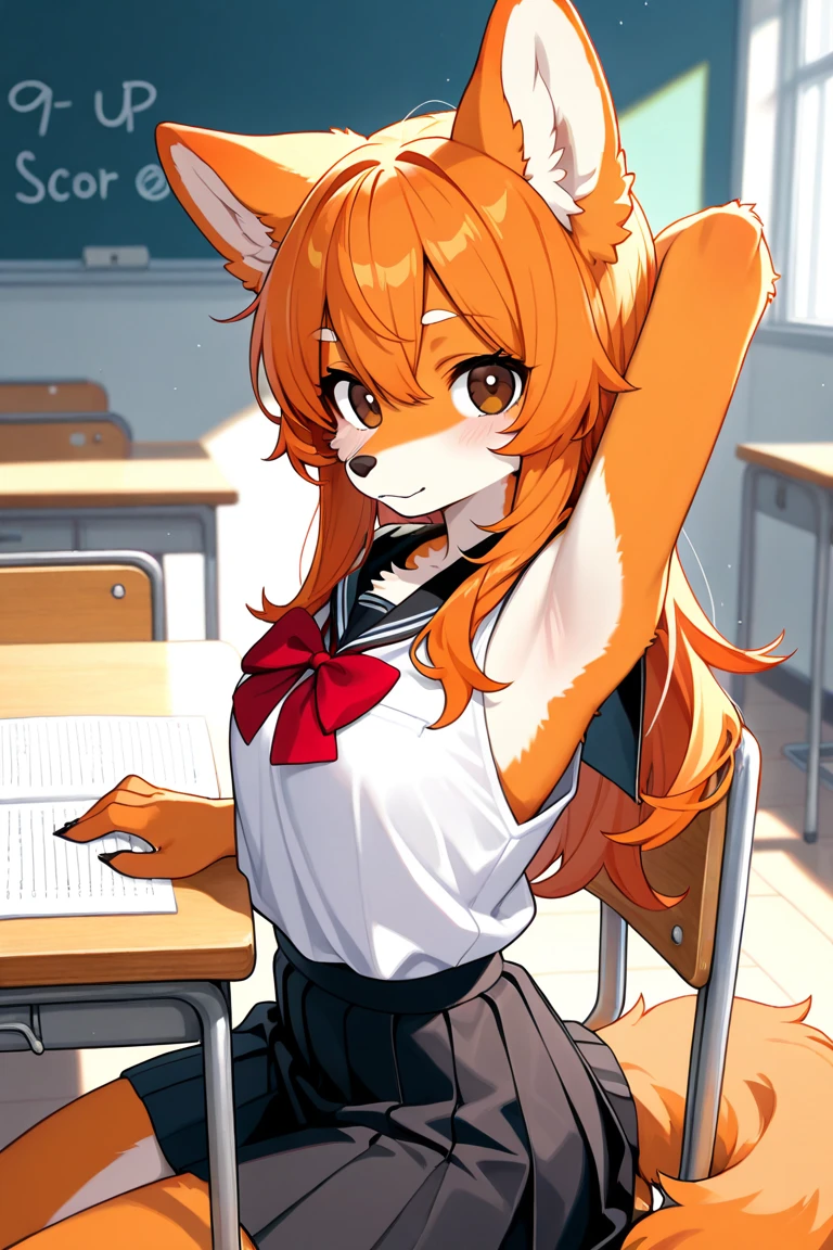 anime style, girl fox style 20 years old looking at viewer, naked, sitting on the desk, At school, Spread her legs