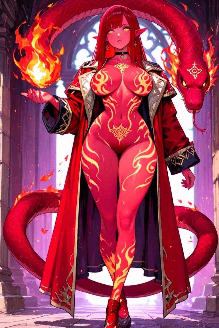 (Lizard), (red), reptile, antro, (wearing tunic), wearing cloak, (wearing cotton shorts), high detail, high resolution, raw photo, gray background, cleavage, 1girl, solo, medium breasts, high quality, hi res, sharp, detailed body, detailed, cartoony, ((holding magic)), ((looking at viewer)), (angry), mad, t full body, whole body, ((full body portrait)), far away, (((full body concept))), attack pose, battle pose, average body, slim, weak, thin, skinny, small waist, fire magic, red magic
