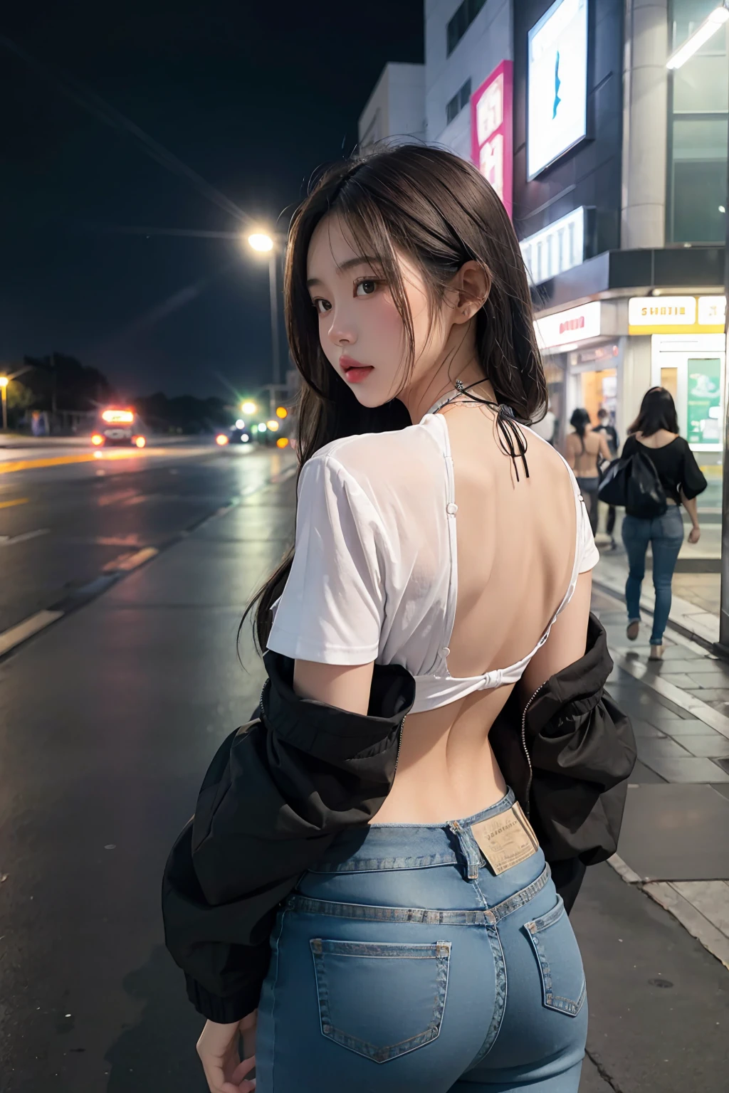 1女of子,alone,long hair,rough skin,From the back,顔of焦点,(looking at the viewer:1.2),wet hair,dark,polaroid,(depth_of_field:1.5),雨of日,outdoor,street,目of間of毛,moody lighting,Tyndall effect,映画ofような照明,night,street lamppost,Lens flare,Available light,rim light,Glowing neon lights,winding,赤いシルクofドレス,韓国of女of子水着