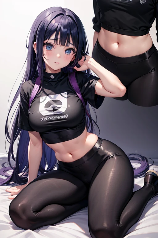 obra-prima, alto, alta qualidade, rosto detalhado, render corpo detalhado, 1girl, sozinho, hyuuga hinata, hinata-sleevless-outfit, middlebreasts, Small thorax, quadril largo, coxas grossas, top,  barriga de fora, top, tampo da rede de pesca, Dark lips, no-bra, seios para fora, Dope, pernas grossas, standingn, de costas, Blushes, (no quarto), tight black legging pants