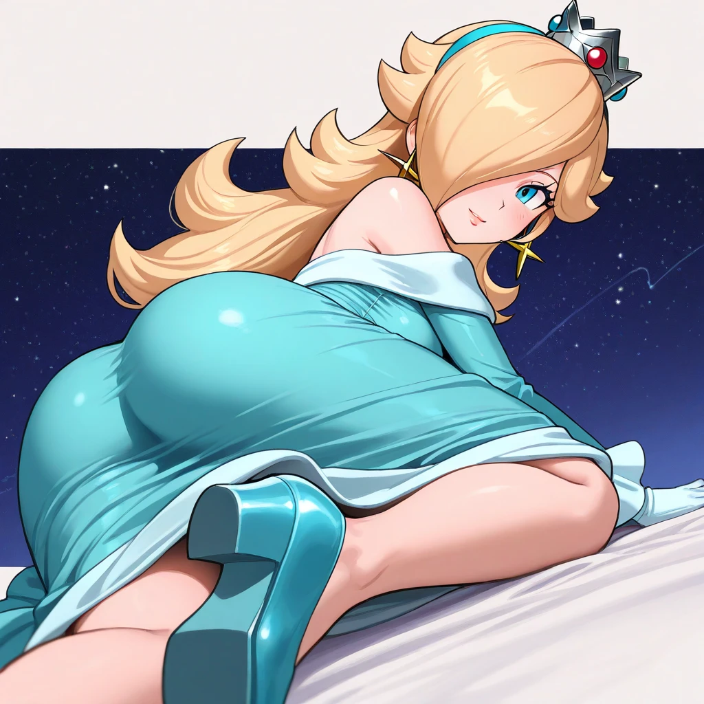 ((high detailed, best quality, 4k, masterpiece, hd:1.3)), ((best quality)), ((HD)), ((8k)), (ultra HD), Snowy Forest background, snowflake pattern, frozen forest, (panoramic shot), a full-length shot of Rosalina lying on the snow on the floor in the winter mountain, (solo:1.3), neon blue eyes, BREAK blue eyes, seductive, attractive, shy_smile, smooth anime cg art, 36C_breasts, cleavage, long legs, vivid colors, detailed digital art, slim body, perfect skin, blonde hair, blue eyes, hair over one eye, long hair, wet hair, crown, jewelry, star earrings, BREAK crown, looking at viewer, BREAK looking at viewer, extremely detailed face, using only a navy_blue_T-shirt, Navy blue mini T-shirt, blue T-shirt, dark_blue_T-shirt, dark blue T-shirt, mini dark shirt, sexy_mini_navy_blue_thong, sexy_mini_navy_blue_gstring_thong, sexy_mini_dark_blue_thong, sexy_mini_dark_blue_gstring_thong, gem, (navy blue high heels), (dark blue high heels), (high heels), dark black makeup lips, dark gothic eyeshadows, dark eyeshadows, black eyeshadows, black sexy lips, black lips, (dark:1.2), dark lips, very dark lips, (perfect_hands), (perfect_anatomy), (only two leglack makeup, black medium lips, detailed_fingers, five_fingers_per_hand, 5_fingers, five_fingers, (1 girl), ((1 solo girl)), detailed_lips, detailed black lips, black painted lips, gothic painted lips, (off shoulder:1.1),