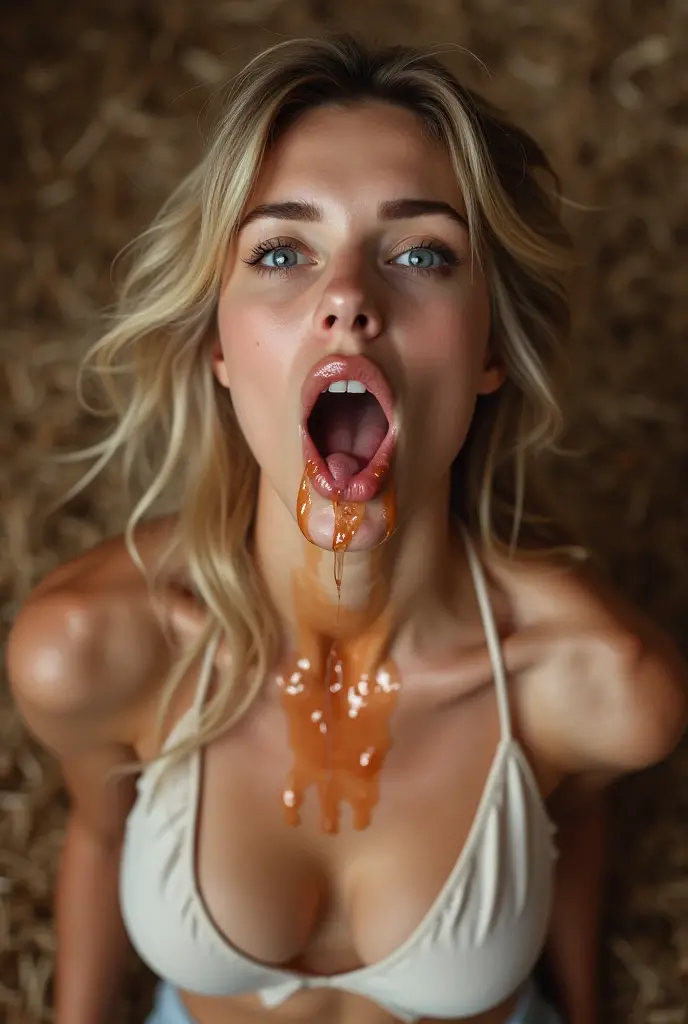 a man cums into a sexy 25 year old, adult, blonde beautiful 25 year old woman's mouth, Jennifer Lawrence, she is topless at a restaurant, beautiful, on her knees, she is happy and hungry, cum shoots out of the cock into her mouth, 8k resolution, highly detailed, she is covered in cum, she is holding a bowlful of cum, hungry eyes, 25 years old, bukkake