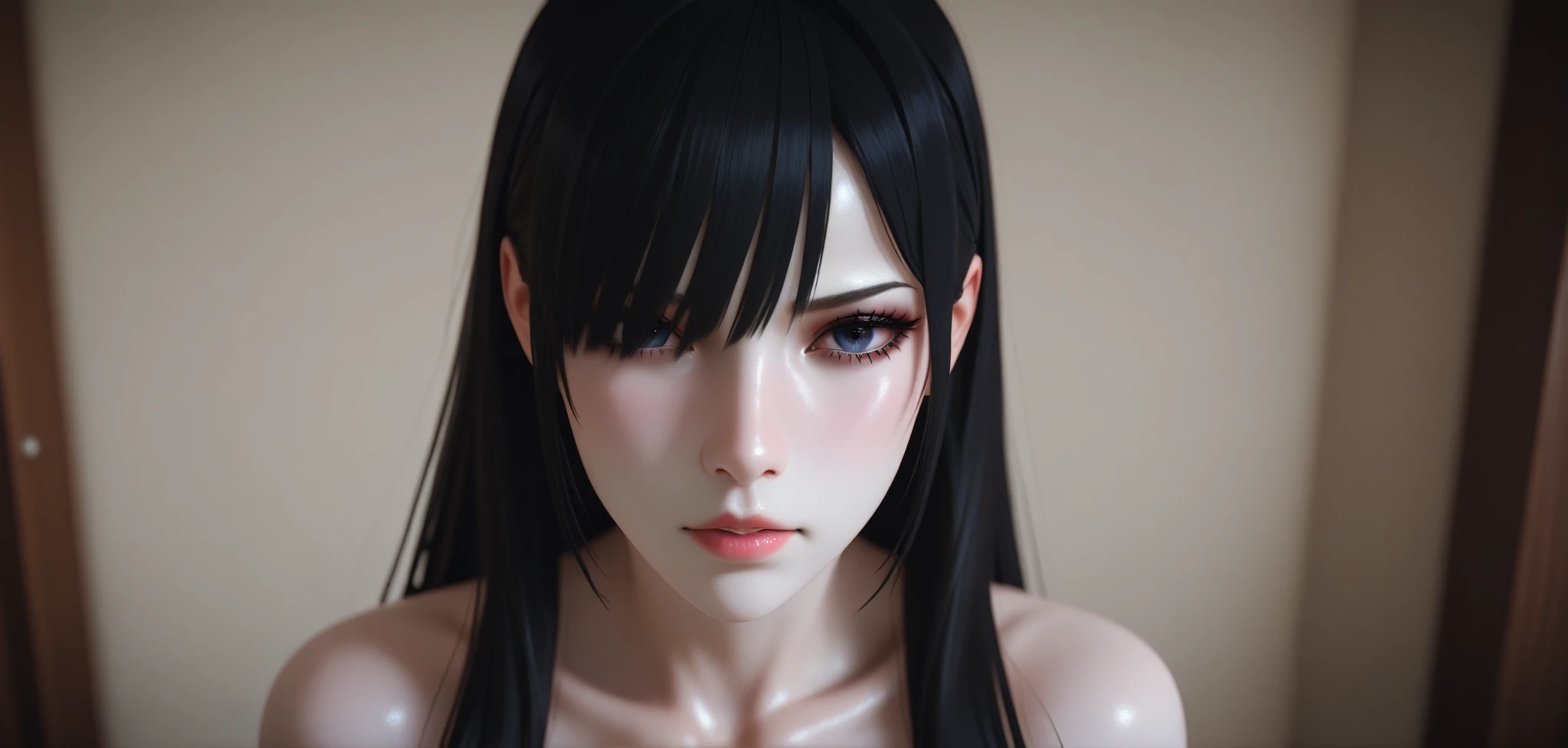 A vampire girl with long, straight black hair, twenty-five red eyes, pale, perfect skin and her entire body naked, showing her vagina