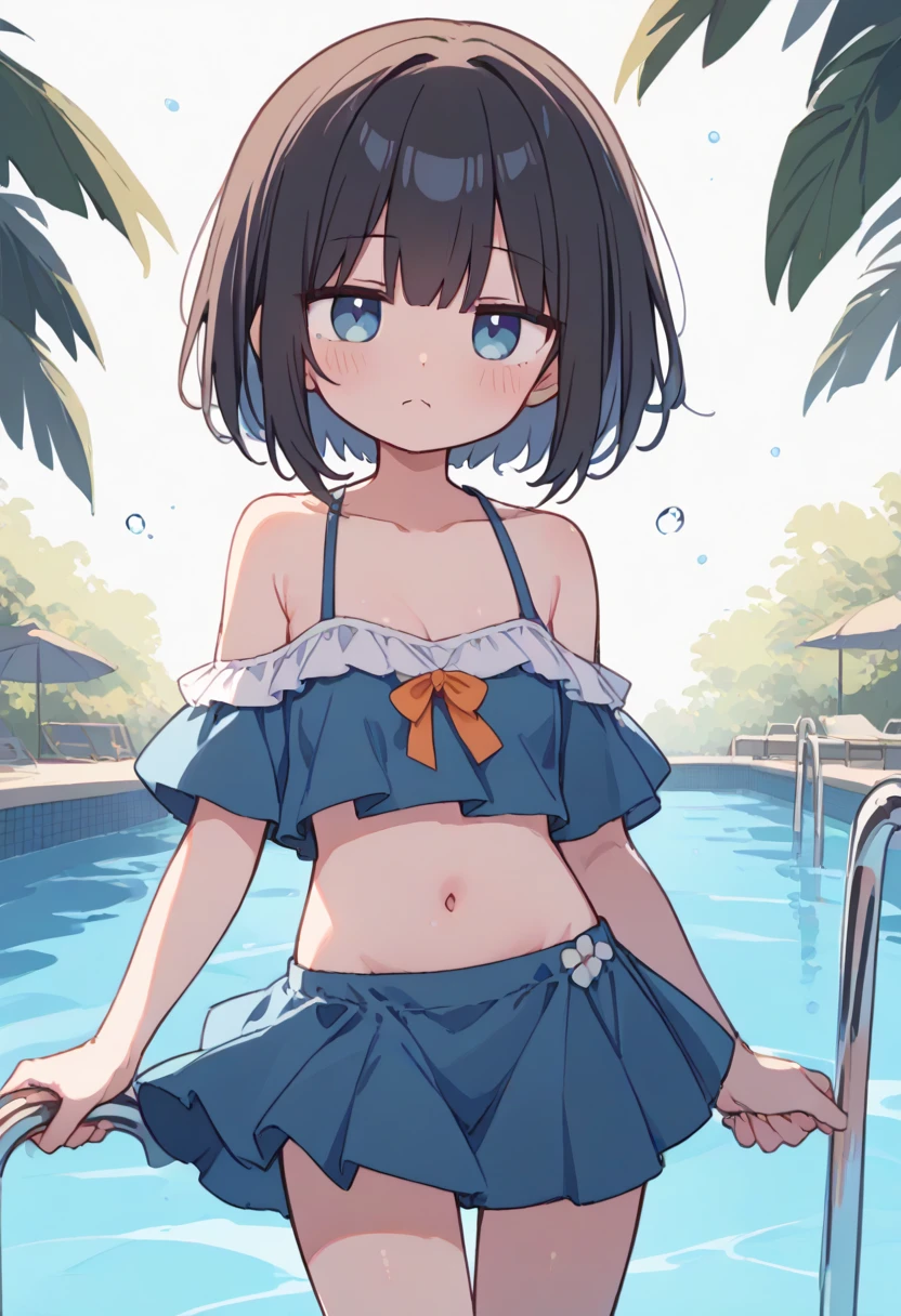 (masterpiece, best quality:1.3), solo, (8yo girl, low length、Lori、Young Girl:1.3)、(micro bikini:1.2), Huge cleavage、(Young、Petite:1.2), bob cut,